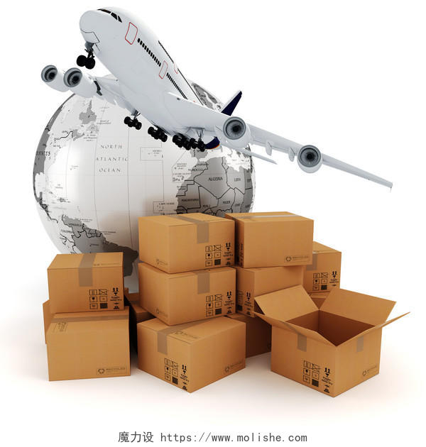 白底飞机地球纸箱货运全球化航空空运国际物流配送空运